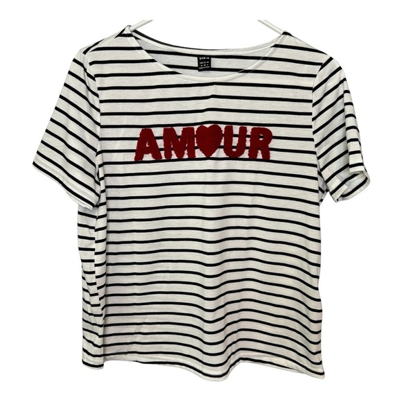 🔹5/$25🔹 SHEIN Frenchy Letter Pattern White and Black Striped Short Sleeve Tee. M - Picture 9 of 9